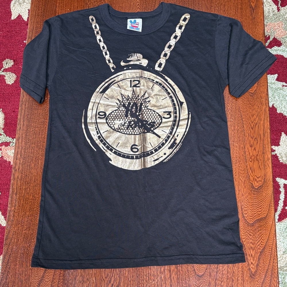 Junk Food Graphic Black T-Shirt with Gold Clock Design Small